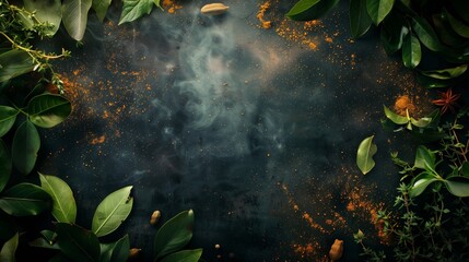 Artistic dark background featuring green leaves, spices, and a cloud of mystical smoke.