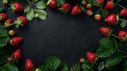 Lush red strawberries with fresh leaves spread on a dark textured background, perfect for design use.
