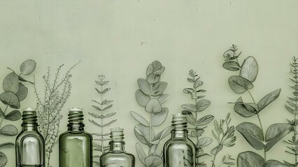 Eucalyptus Essential Oil Bottles with Fresh Branches on a Green Background. Concept Eucalyptus Oil, Aromatherapy, Wellness, Natural Healing, Organic Skincare