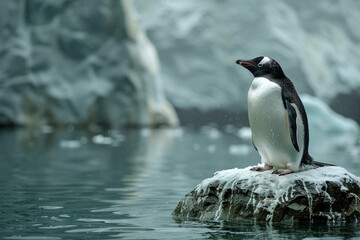 A depiction of a penguin on a small mound of artificial ice, looking towards a projected image of Antarctic ice fields,