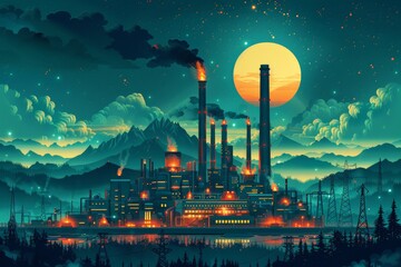 Nighttime industrial scene, glowing emissions, illustrates nuclear fission's pivotal role in sustainable electricity production. nuclear fission and use in generating electricity, - obrazy, fototapety, plakaty