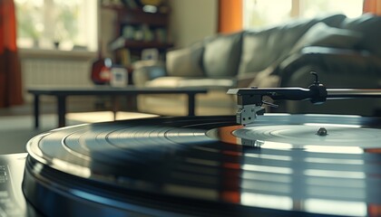 A closeup of a vinyl record with the needle on the groove, the background a blurred record player and vintage living room 