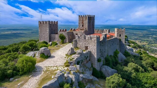 Medieval Castle with Tower: Ancient Fortress in European Architecture, Perched Eagle. Seamless looping 4k timelapse virtual video animation background generated AI