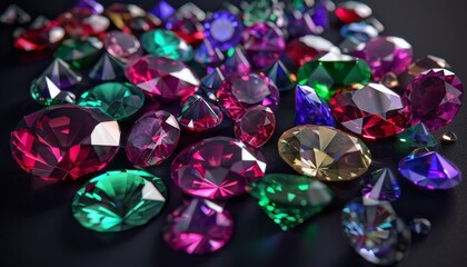 A collection of colorful gemstones rubies, sapphires, and emeralds scattered on a black background 