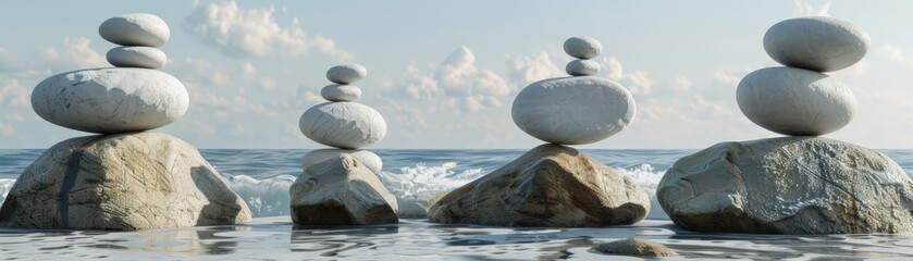 A collection of smooth, round stones balanced precariously on top of each other, defying gravity with a sense of zen 