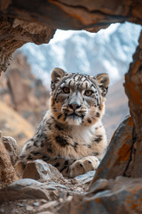 Obraz premium A haunting image of a snow leopard in a rocky enclosure looking out, with the towering Himalayas superimposed in the sky,