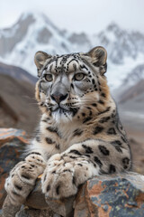 A haunting image of a snow leopard in a rocky enclosure looking out, with the towering Himalayas superimposed in the sky,