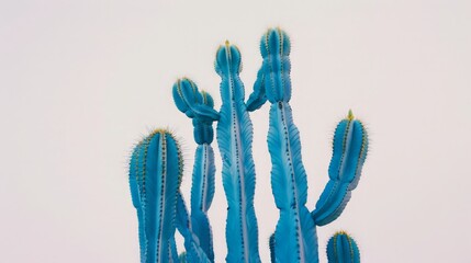 Blue Columnar Cactus reaching upwards, stark against a pure white setting