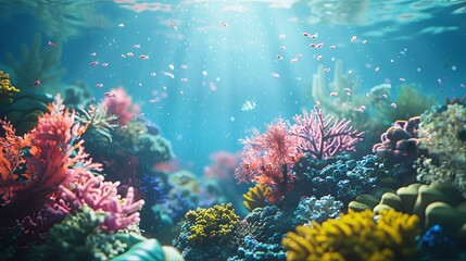 A vibrant Coral Reef, perfect for marine ecological research companies. The background showcases colorful corals and diverse marine life, offering a glimpse into the underwater world, Generative AI.