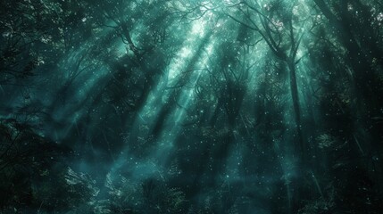 Fototapeta premium A dark and mysterious forest bathed in an ethereal glow, with shafts of moonlight piercing through the dense canopy of trees, creating a network of light and shadow lines 