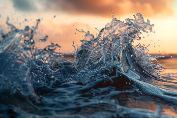 Deep blue wave crashes under a fiery sunset, creating a magical atmosphere. close up
