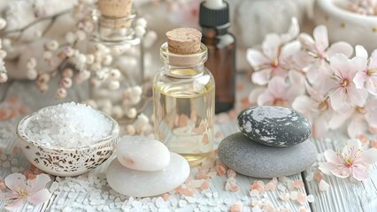 Essential Spa Items: Massage Stones, Oils, and Sea Salt on a White Wooden Table. Concept Spa Essentials, Relaxing Massage, Aromatherapy Oils, Sea Salt Scrub, White Wooden Table