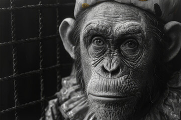 A detailed drawing of a monkey in a jester's outfit, performing tricks with a solemn face, with a dark, cramped cage visible in the background.