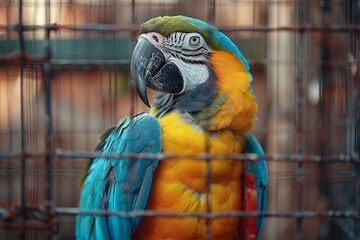An image showing a parrot in bright feathers, confined to a small cage, repeating tricks, with its wings clipped,