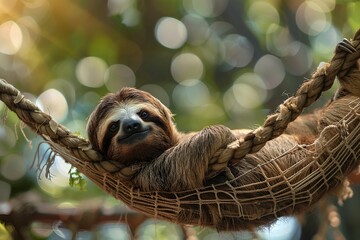 Naklejka premium Closeup view of a beautiful cute Sloth relaxing in hammock in its natural habitat