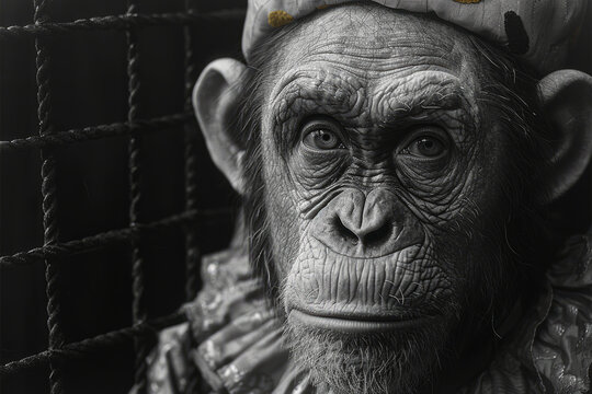 A detailed drawing of a monkey in a jester's outfit, performing tricks with a solemn face, with a dark, cramped cage visible in the background.