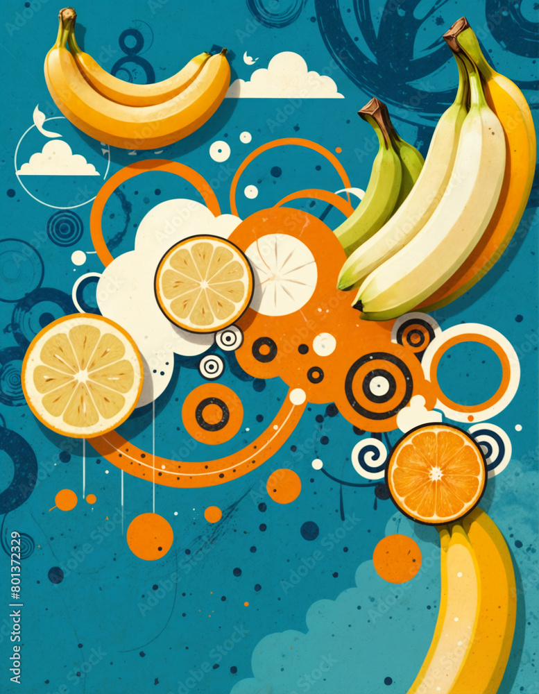 Wall mural pattern with bananas and fruits