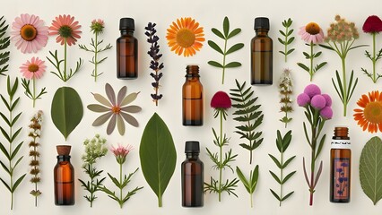 Healing Herbs and Flowers with Essential Oils on a White Background. Concept Natural Remedies, Aromatherapy, Health and Wellness, Botanical Healing, Herbal Medicine