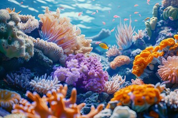 Coral Reef Ideal for marine ecological research companies. Background showcases vibrant corals and diverse marine life, perfect for environmental presentations or educational materials, Generative AI.