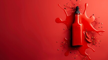 A dynamic image of a spilled hot sauce bottle with splashes and chili peppers on a red background.