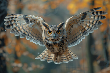 Obraz premium A depiction of a performing owl, flying to perches under command, with its cage cramped and devoid of trees,