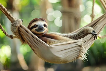 Fototapeta premium Closeup view of a beautiful cute Sloth relaxing in hammock in its natural habitat