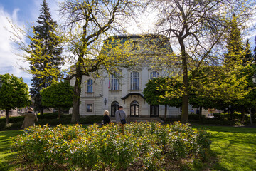 Fototapeta na wymiar The building of the A. Mickiewicz Theater in Cieszyn in the spring sunshine
