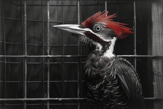 A detailed drawing of an ivory-billed woodpecker in a large aviary, symbolizing hope for species rumored to be extinct in the wild,
