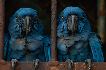 A detailed image of a pair of Spix's macaws, with a background showing their breeding enclosure designed to encourage natural behaviors.