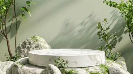 A marble podium sits in a lush sunlit clearing surrounded by moss-covered rocks and green plants.
