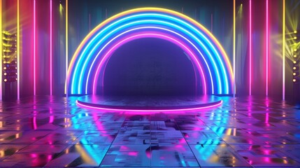 Stage shines with bright, colorful neon lights and a glowing arch. Neon lights and a circular stage give a modern, energetic feel.