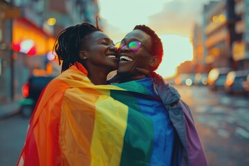 Happy African American LGBTQ couple laughing together, wrapped in a rainbow flag, vibrant urban background, , moody lighting - Powered by Adobe