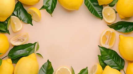 Fresh whole and sliced lemons with green leaves on a pastel background, centered with copy space.