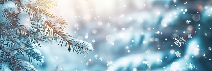 A tree branch covered in snow with a blue sky in the background. Christmas banner