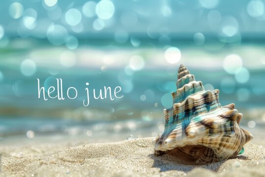 text says "hello june", with conch shell on beach background, with blue and green color theme, blurred background of the sea in summer sun light Generative AI