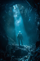 Obraz premium A dramatic scene showing a miner emerging into daylight at the end of a shift, transitioning from darkness to light,