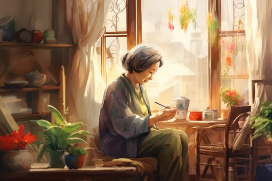 A watercolor, Warm, inviting image of an elderly asian woman knitting in a well-decorated living room, contemporary vintage style.