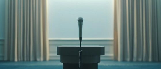 An empty podium with a pristine microphone, evoking the professionalism of sports press conferences.