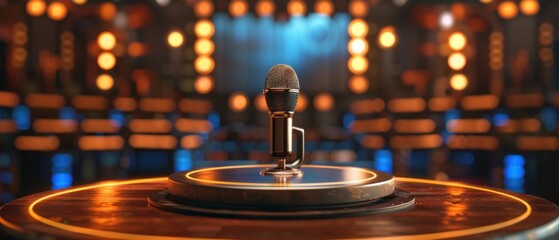 Obraz premium An empty podium with a pristine microphone, evoking the professionalism of sports press conferences.
