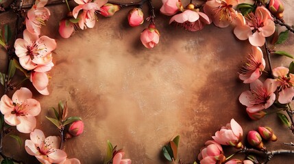 Elegant floral border of pink flowers and buds on textured brown background with copy space.