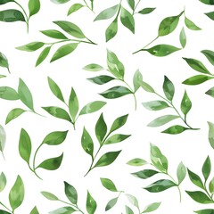 watercolor green leaves pattern, white background, seamless