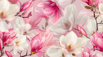 Bright white and pink magnolia flowers set in a seamless pattern, representing the springtime of the Himalayan region - obrazy, fototapety, plakaty