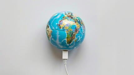 Round globe world map interconnected by a digital USB cable, displayed against a white background.