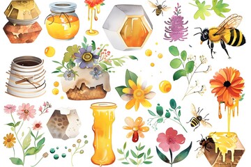 watercolor honey, beehive and flowers clipart collection