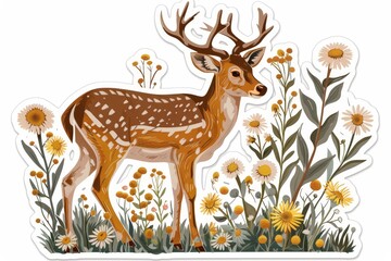   A sticker of a deer amidst a field of wildflowers, with daisies in the foreground