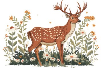   A drawing of a deer amongst wildflowers in a field, surrounded by daisies