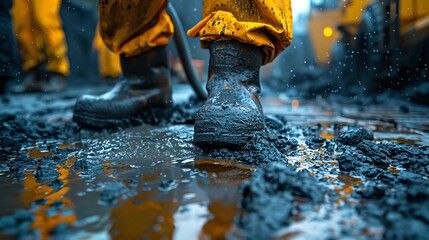 A worker wearing yellow boots walks through a muddy oil field. The worker is wearing protective gear.