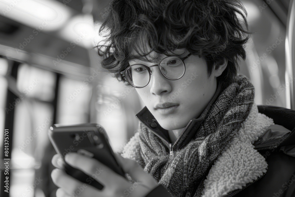 Poster A teenager using a smartphone to access educational apps while commuting on a bus,