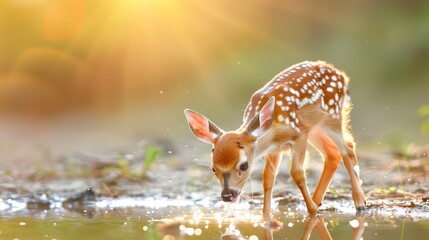   A small fawn sips water from a forest pond, sun illuminating its back