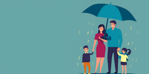 Family Under Umbrella: Symbol of Protection and Togetherness, Rainy Day: Family Bonding and Security in Illustrative Art